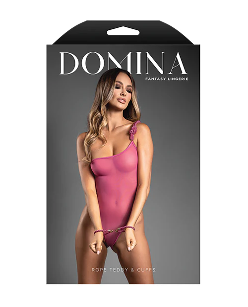 Domina One-Shoulder Sheer Mesh Teddy w/Rope Cuffs - Pink L/XL - Image 3