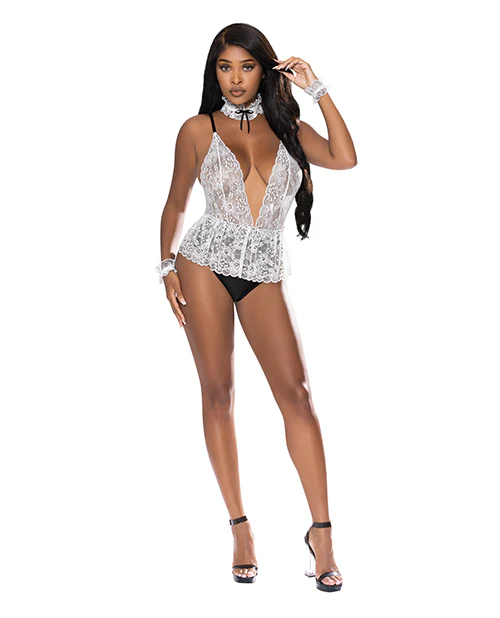 Dress Up Lace V Teddy Collar Wrist Cuffs Black White S M - Image 3