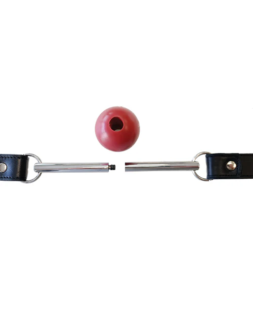 Rouge Leather Ball Gag with Stainless Steel Rod and Removable Ball - Black with Red - Image 4